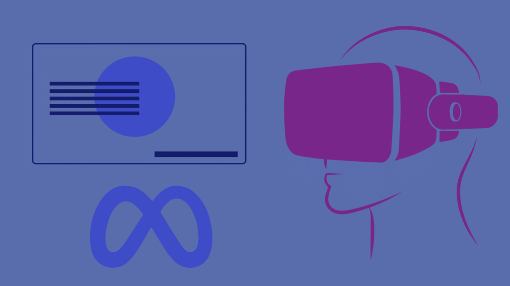 Grafika koncepcyjna w odcieniach fioletu i niebieskiego, przedstawiająca profil osoby w goglach VR, logo Meta oraz abstrakcyjne elementy interfejsu cyfrowego.